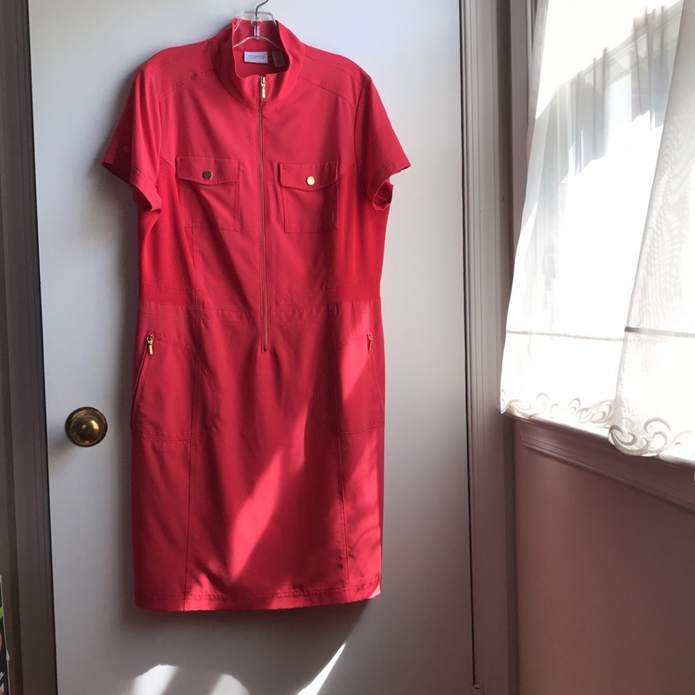 Chico’s Coral Shirt Dress Zip Front Utility Dress Easy care size 1.5 /M/10 Midi - Picture 2 of 11